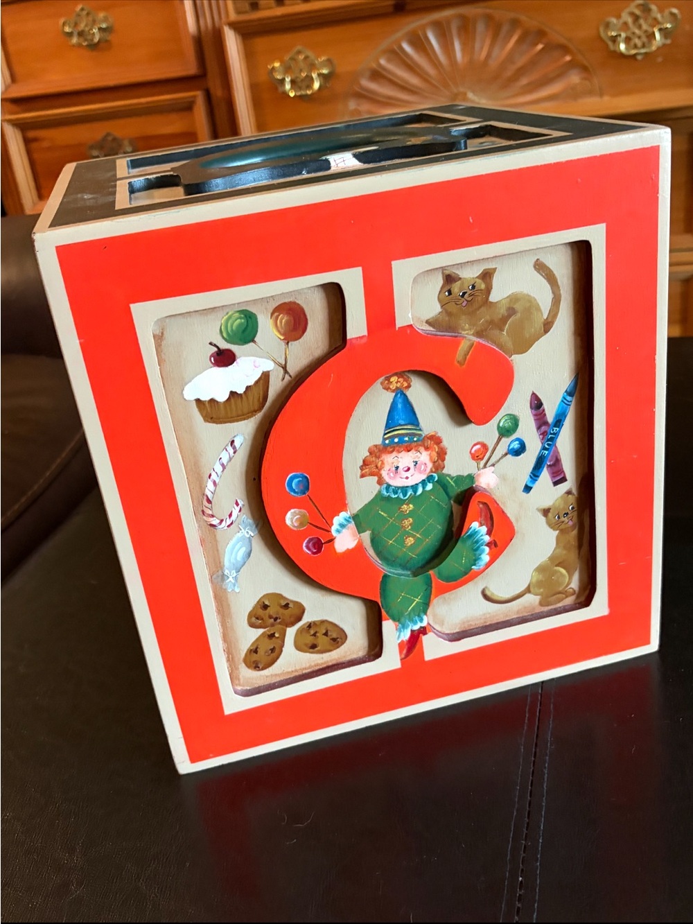 FOLK ART cube handpainted A B C D E sides trinket toy box storage holiday rare